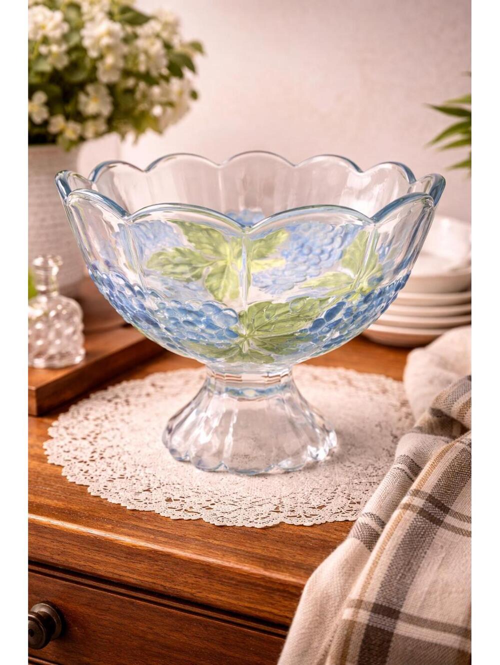 Vintage MCM Glass Pedestal Bowl Grape Pattern Blue Green Scalloped 9"